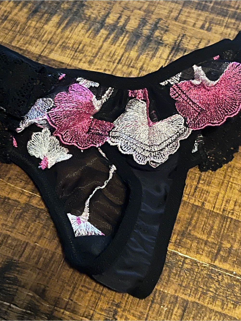 Black Lace Bikini Panty with Pink & White Floral Embroidery